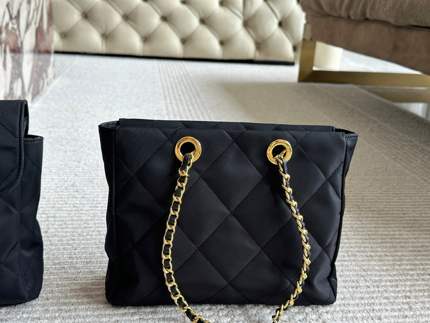 QUILTED HOBO SHOULDER BAG 28 IN BLACK RE-NYLON FABRIC GOLD CHAIN