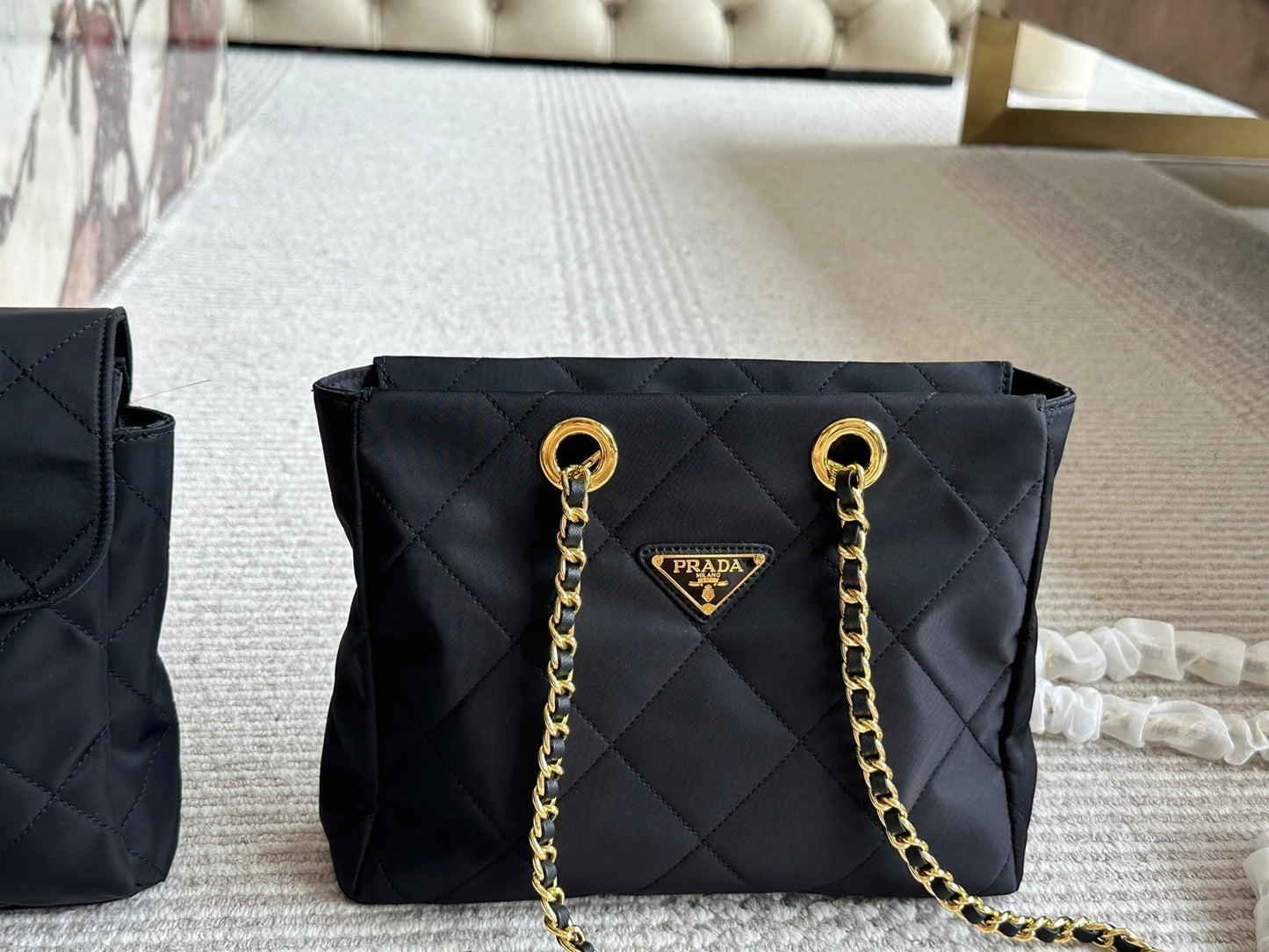 QUILTED HOBO SHOULDER BAG 28 IN BLACK RE-NYLON FABRIC GOLD CHAIN