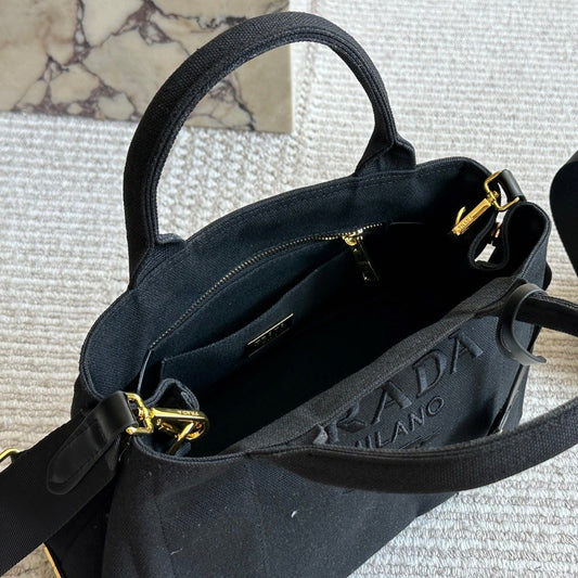 EMBROIDED LOGO SMALL HANDBAG 22 IN BLACK LINEN BLEND