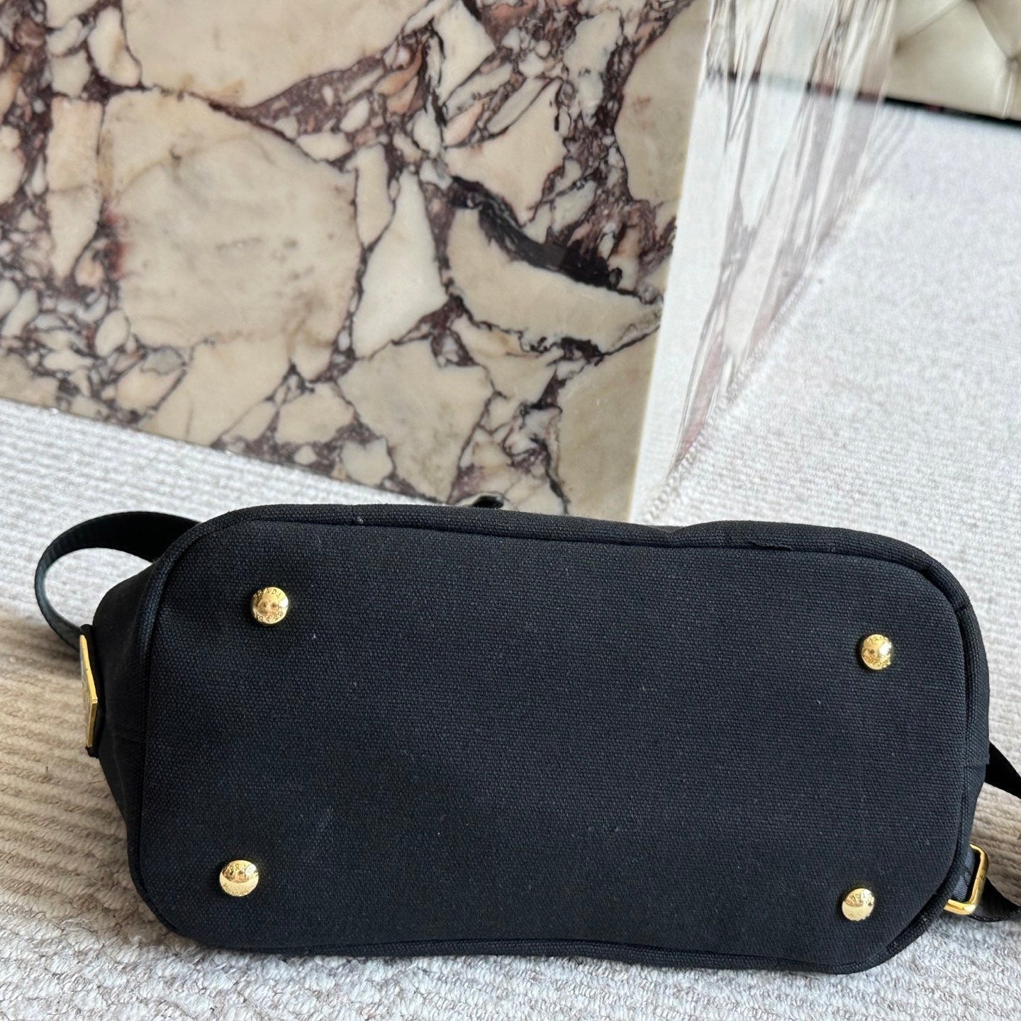 EMBROIDED LOGO SMALL HANDBAG 22 IN BLACK LINEN BLEND