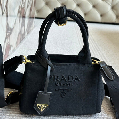 EMBROIDED LOGO SMALL HANDBAG 22 IN BLACK LINEN BLEND