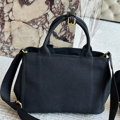 EMBROIDED LOGO SMALL HANDBAG 22 IN BLACK LINEN BLEND