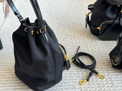 DRAWSTRING HOBO BAG 21 IN BLACK RE-NYLON AND CALFSKIN HANDLE