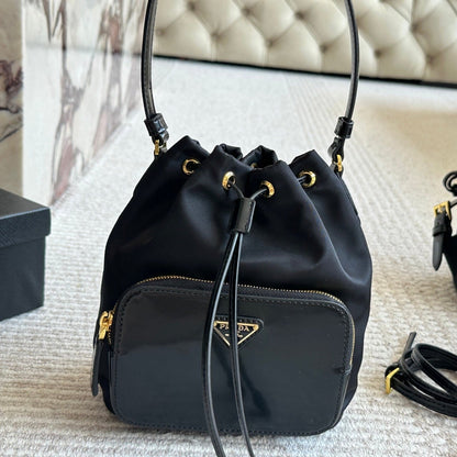 DRAWSTRING HOBO BAG 21 IN BLACK RE-NYLON AND CALFSKIN HANDLE