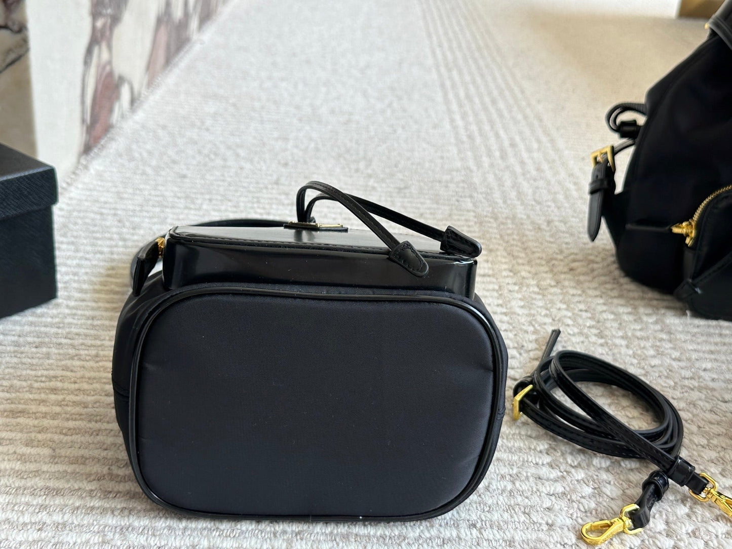 DRAWSTRING HOBO BAG 21 IN BLACK RE-NYLON AND CALFSKIN HANDLE