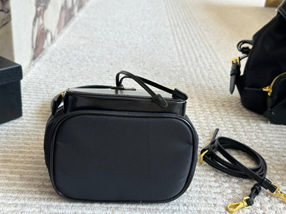 DRAWSTRING HOBO BAG 21 IN BLACK RE-NYLON AND CALFSKIN HANDLE