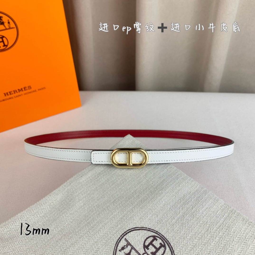 HM MAILLON H BELT BUCKLE & REVERSIBLE WHITE LEATHER STRAP 13 MM GOLD HARDWARE