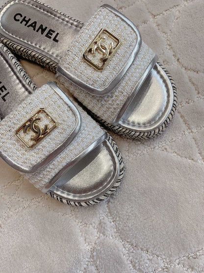 PLATFORM SLIPPERS IN SILVER WOOL AND LAMBSKIN