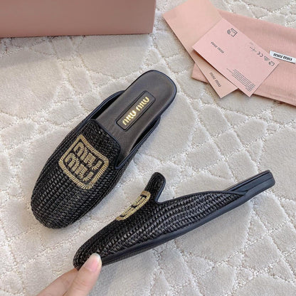 MULES SLIPPERS BLACK STRAW WOVEN