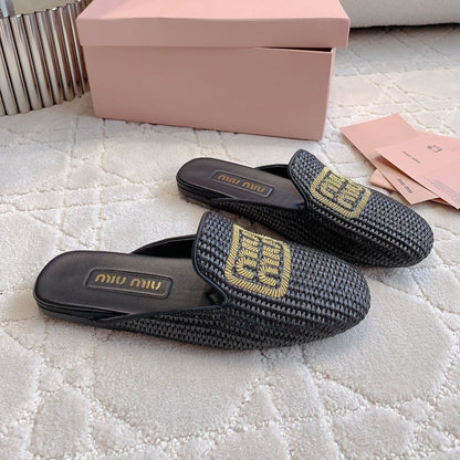 MULES SLIPPERS BLACK STRAW WOVEN