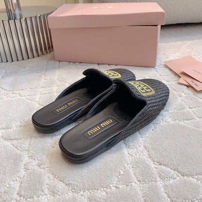 MULES SLIPPERS BLACK STRAW WOVEN