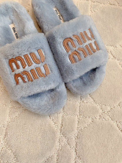 RABBIT FUR SLIPPERS RHINO GRAY WITH EMBROIDED LOGO