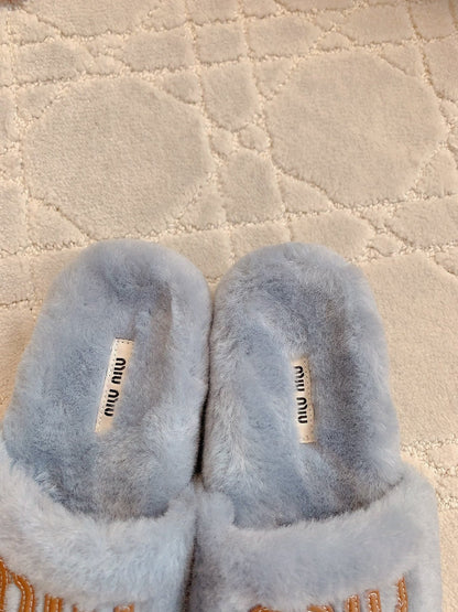 RABBIT FUR SLIPPERS RHINO GRAY WITH EMBROIDED LOGO
