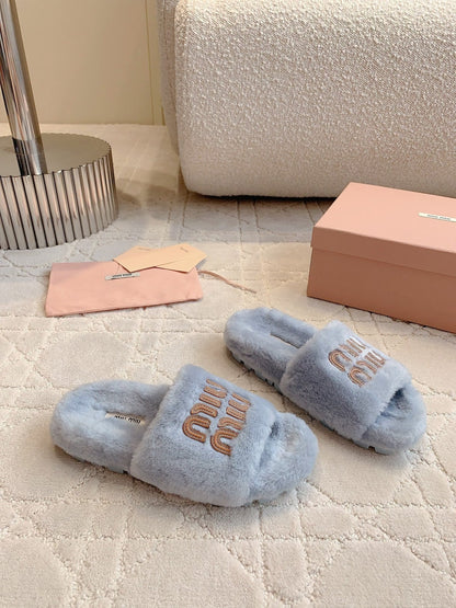 RABBIT FUR SLIPPERS RHINO GRAY WITH EMBROIDED LOGO
