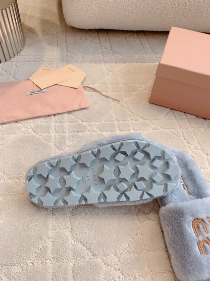 RABBIT FUR SLIPPERS RHINO GRAY WITH EMBROIDED LOGO