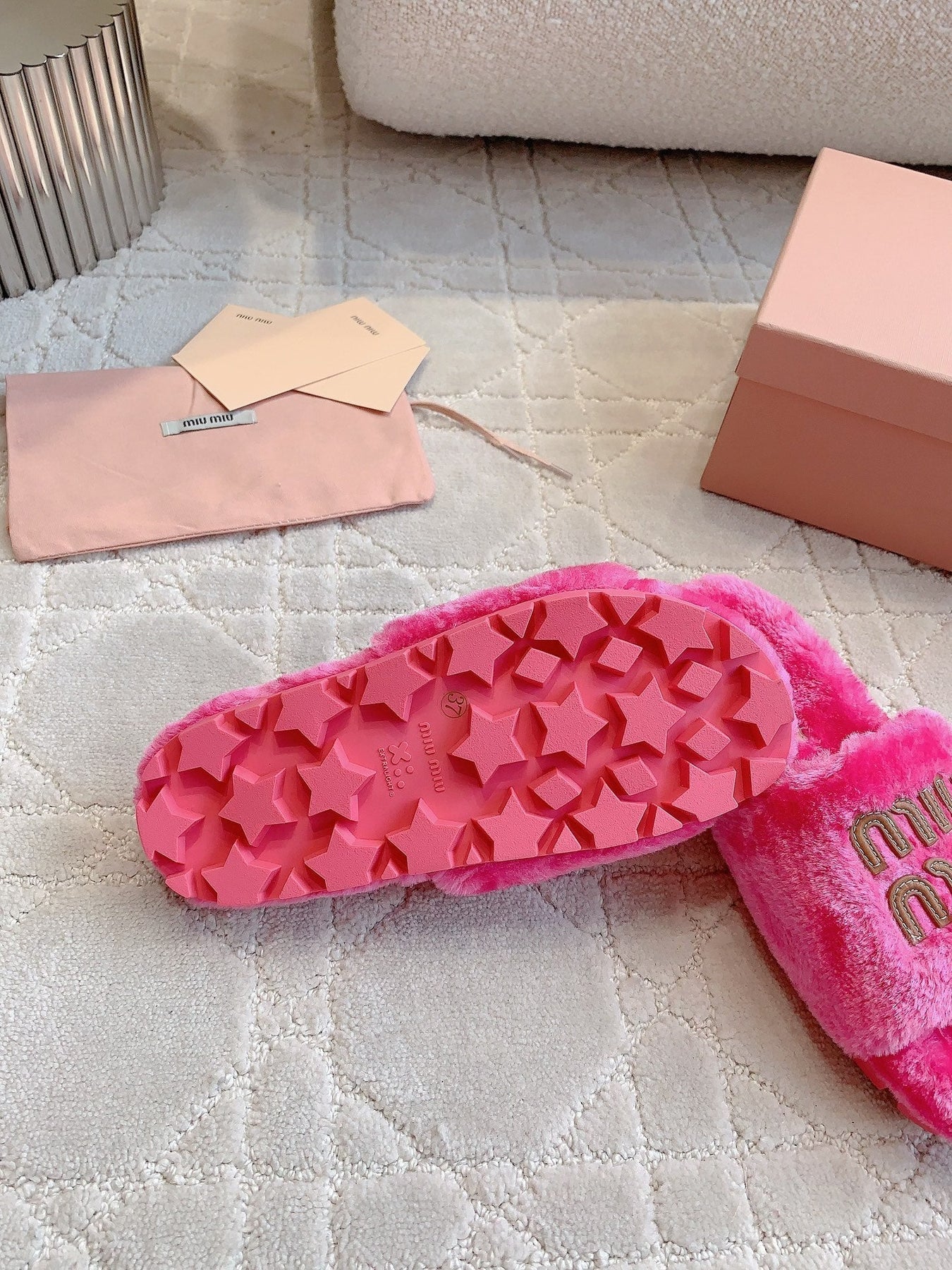 RABBIT FUR SLIPPERS MAGENTA PINK WITH EMBROIDED LOGO