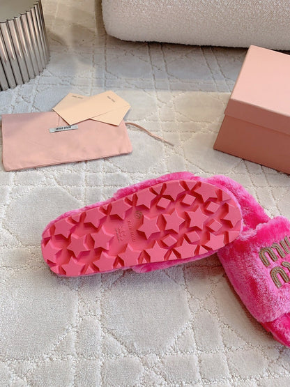 RABBIT FUR SLIPPERS MAGENTA PINK WITH EMBROIDED LOGO