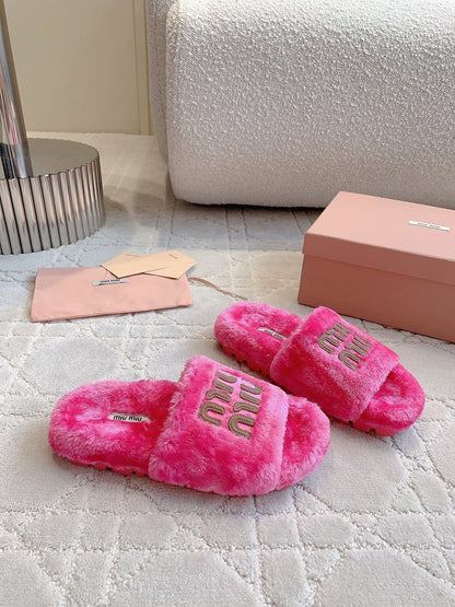 RABBIT FUR SLIPPERS MAGENTA PINK WITH EMBROIDED LOGO