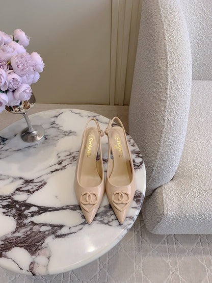 HIGH SLINGBACKS 65 MM IN BEIGE CREAM PATENT CALFSKIN