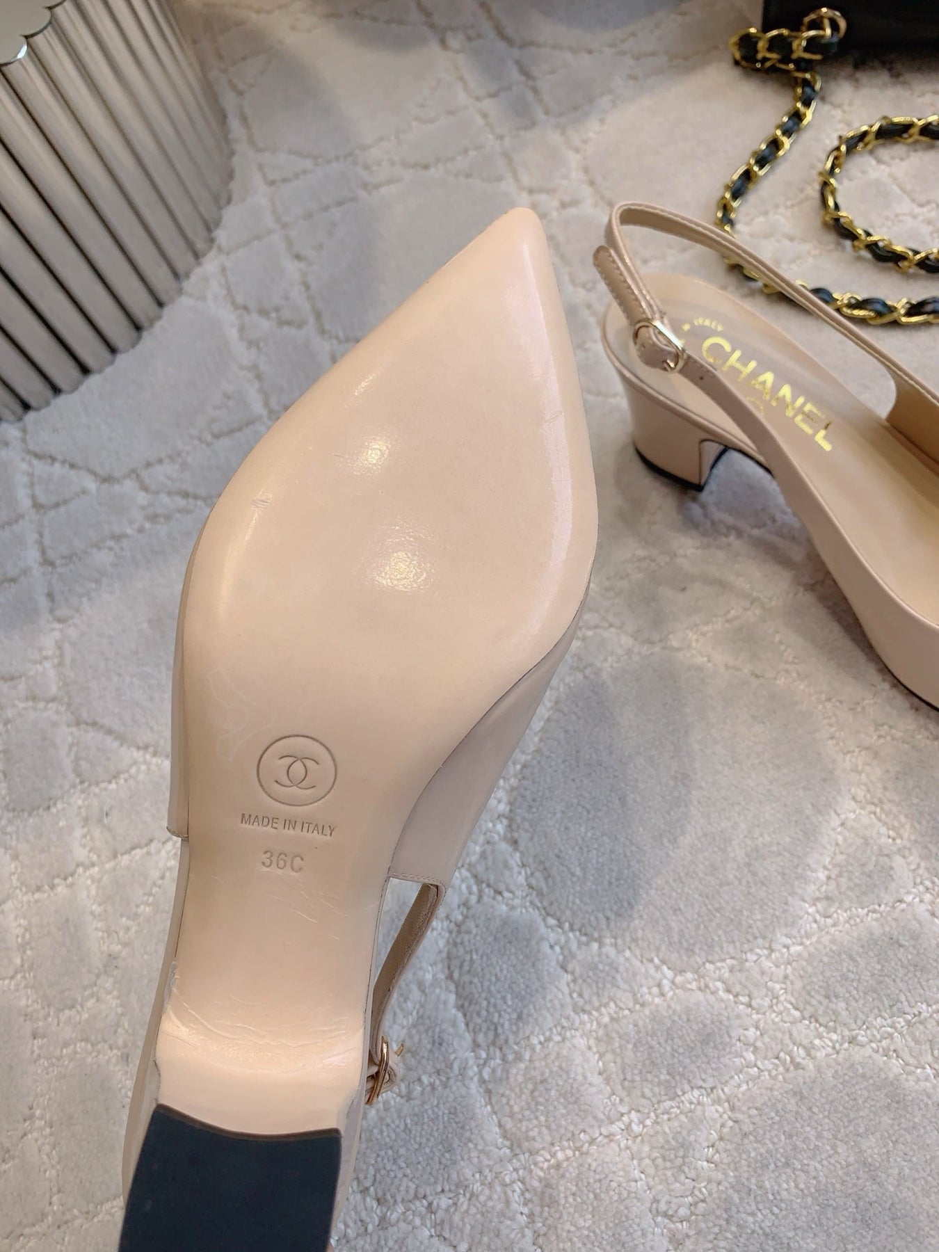 HIGH SLINGBACKS 65 MM IN BEIGE CREAM PATENT CALFSKIN