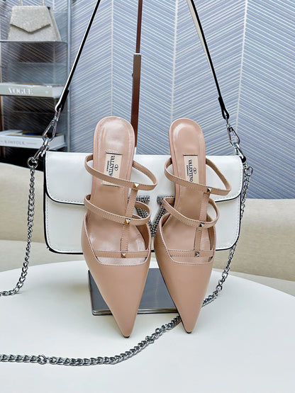 ROCKSTUD WISPY CREPE PINK CALFSKIN MULE 60MM