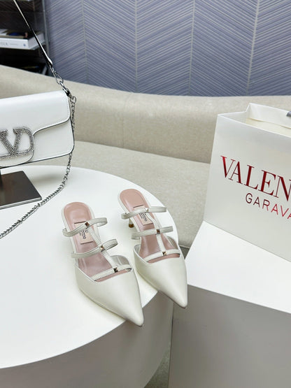 ROCKSTUD WISPY WHITE CALFSKIN MULE 60MM