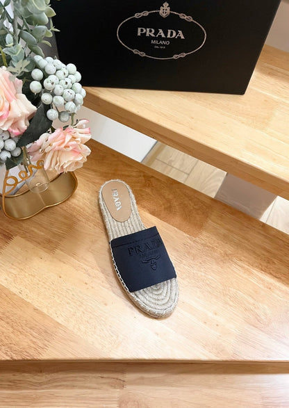 PRA CROCHET SLIPPERS NAVY LINEN FABRIC