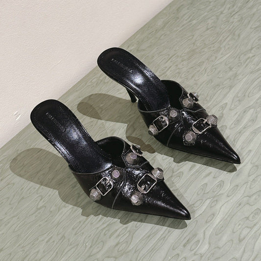 CAGOLE POINTED HIGH MULES IN BLACK SHINY CALFSKIN