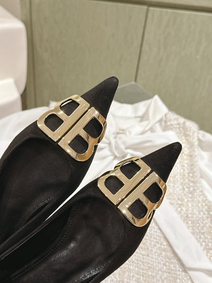 POINTED BB GOLD BUCKLE BALLET FLAT IN BLACK SUEDE