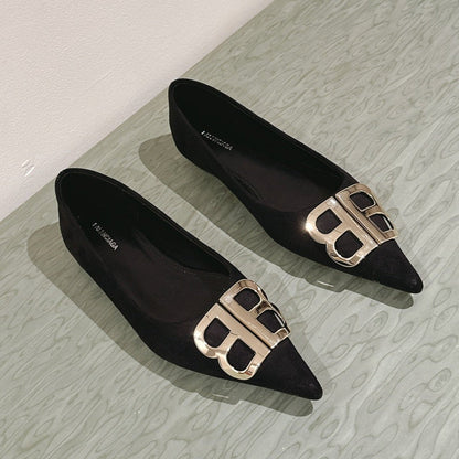 POINTED BB GOLD BUCKLE BALLET FLAT IN BLACK SUEDE