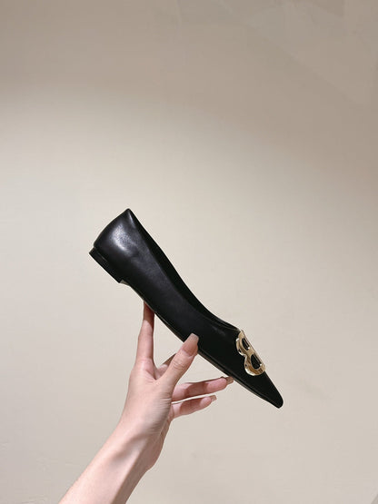 POINTED BB GOLD BUCKLE BALLET FLAT IN BLACK SMOOTH LAMBSKIN