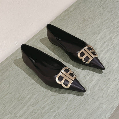 POINTED BB GOLD BUCKLE BALLET FLAT IN BLACK SMOOTH LAMBSKIN