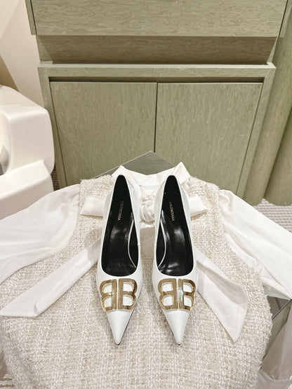POINTED BB GOLD BUCKLE HIGH PUMPS 85MM IN WHITE PATENT CALFSKIN