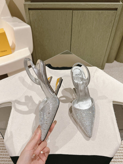 FENDI SEQUINS HIGH-HEELED SLINGBACK 85MM SILVER