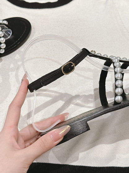 CC SANDALS PEARL ROMAN IN BLACK LAMBSKIN