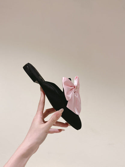 CC MULE WITH SILK LIGHT PINK BOW AND BLACK LAMBSKIN
