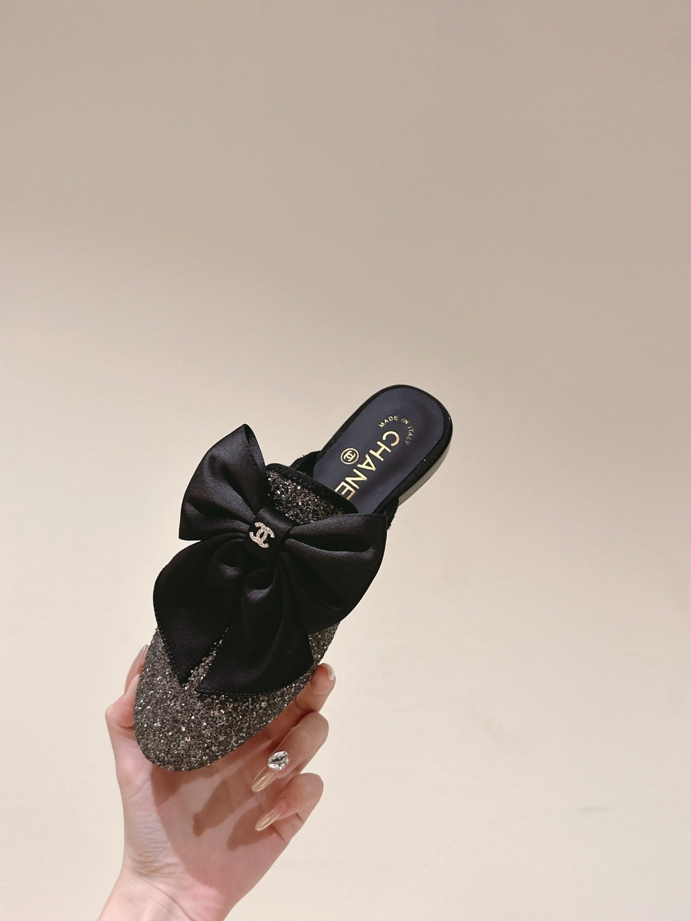 CC JEWELED MULE WITH SILK BOW AND BLACK LAMBSKIN
