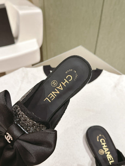 CC JEWELED MULE WITH SILK BOW AND BLACK LAMBSKIN