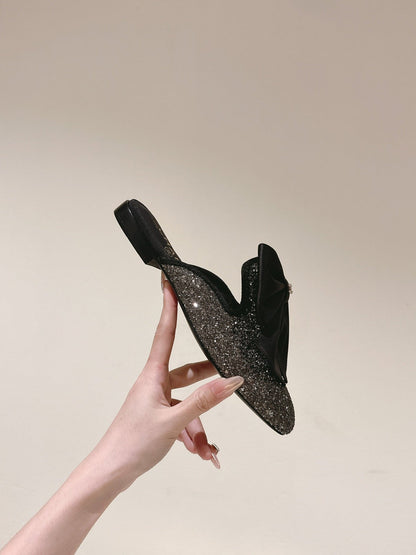 CC JEWELED MULE WITH SILK BOW AND BLACK LAMBSKIN