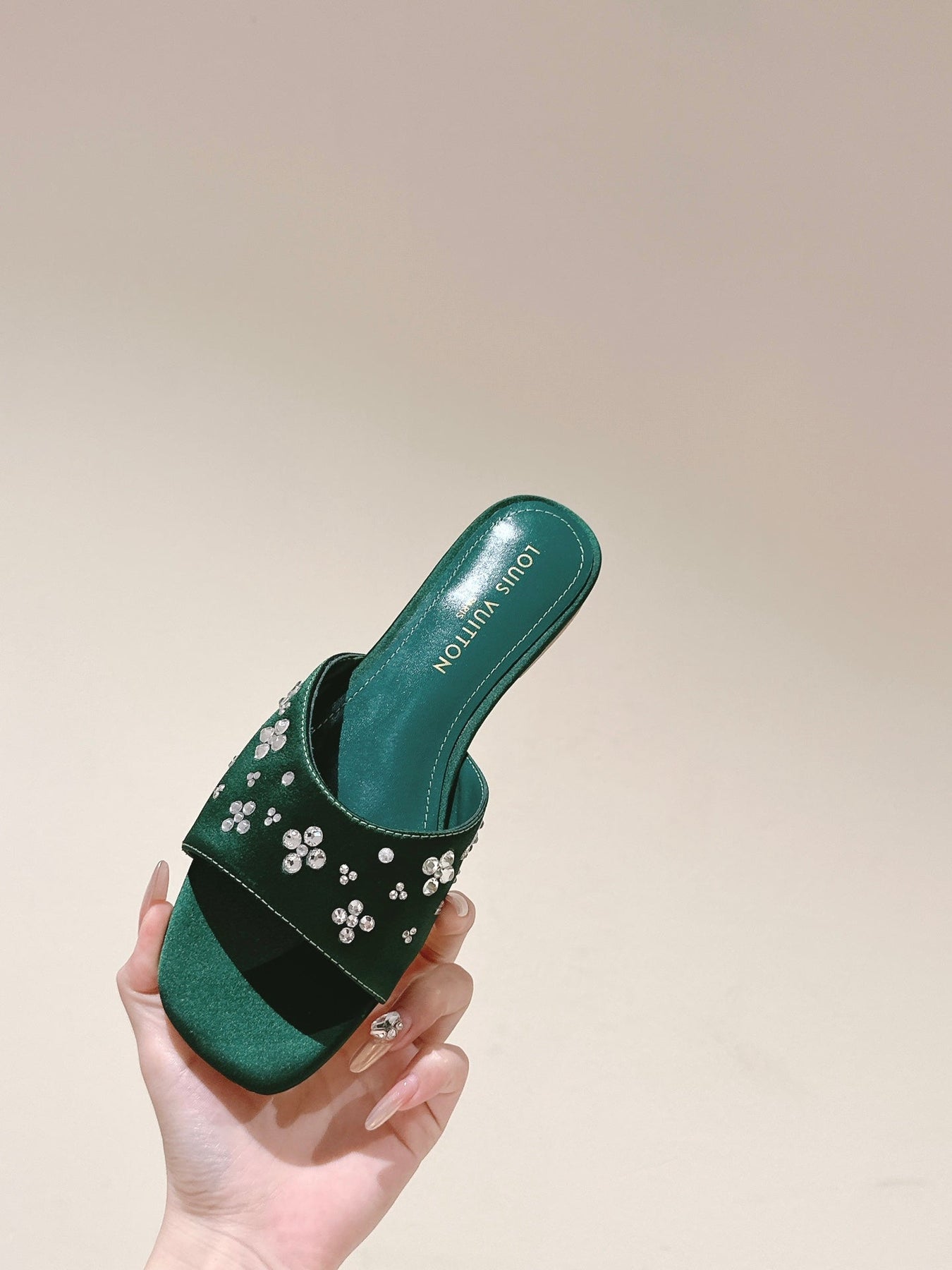 LV WOMEN FLAT MULE IN GREEN FOREST SATIN WITH RHINESTONE