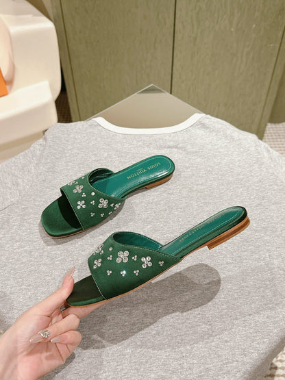 LV WOMEN FLAT MULE IN GREEN FOREST SATIN WITH RHINESTONE