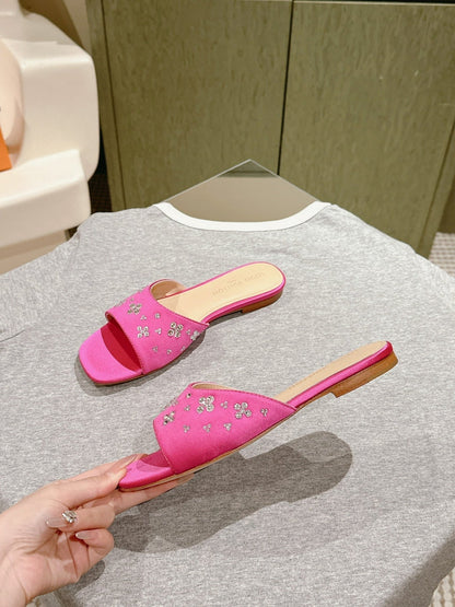 LV WOMEN FLAT MULE IN DEEP PINK SATIN WITH RHINESTONE
