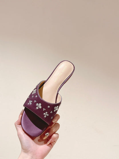 LV WOMEN FLAT MULE IN MAUVE PURPLE SATIN WITH RHINESTONE
