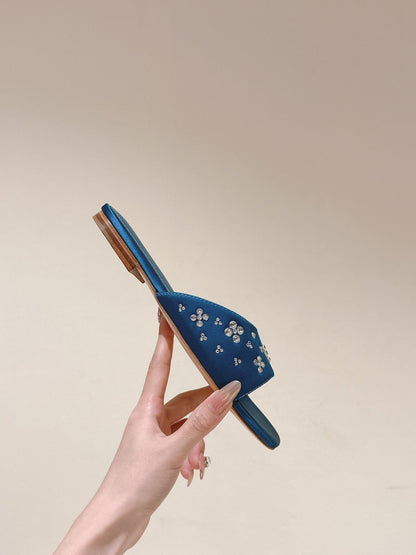 LV WOMEN FLAT MULE IN COBALT BLUE SATIN WITH RHINESTONE