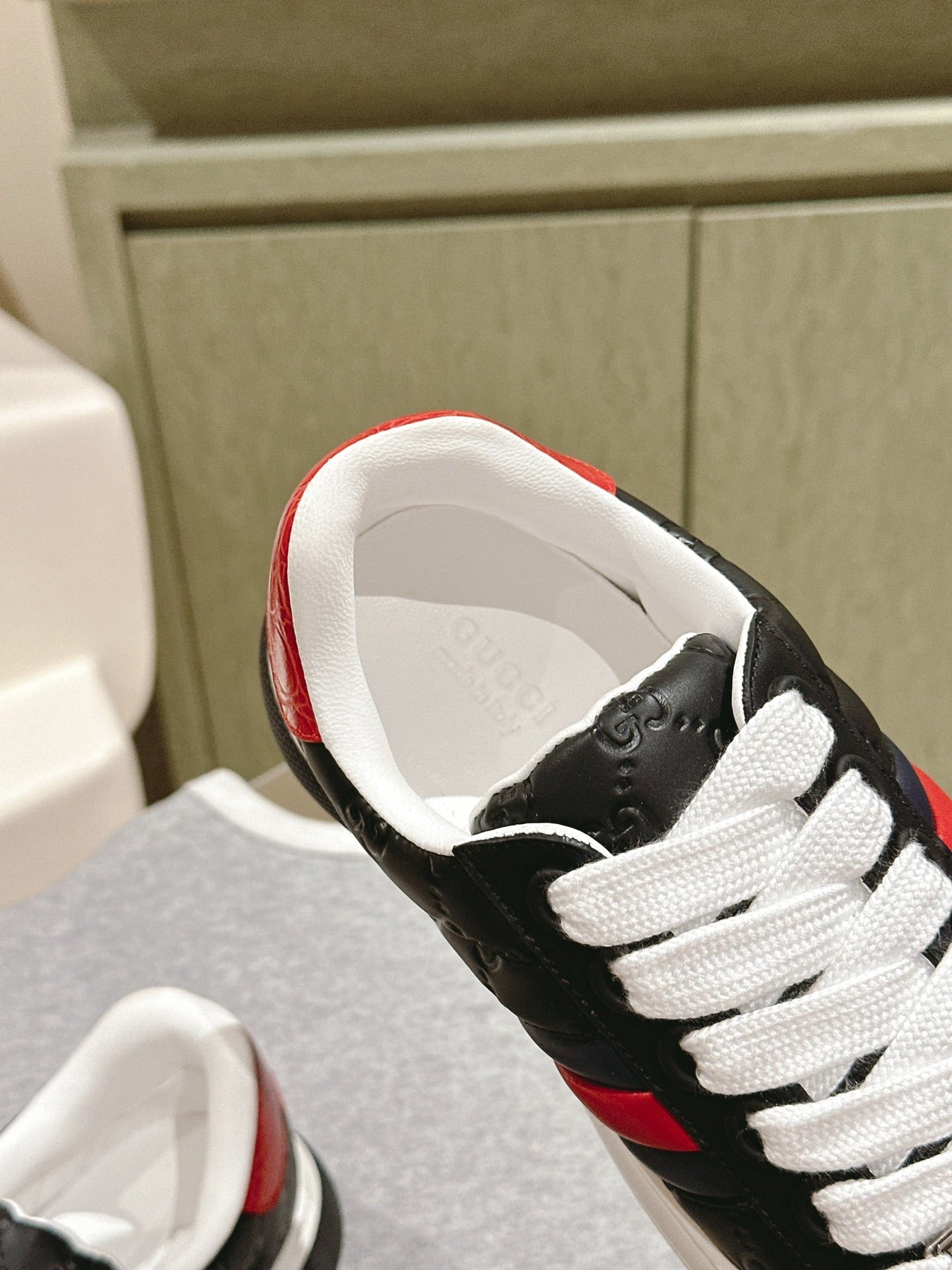 GG ACE SNEAKER WITH WEB IN BLACK EMBOSSED CALFSKIN