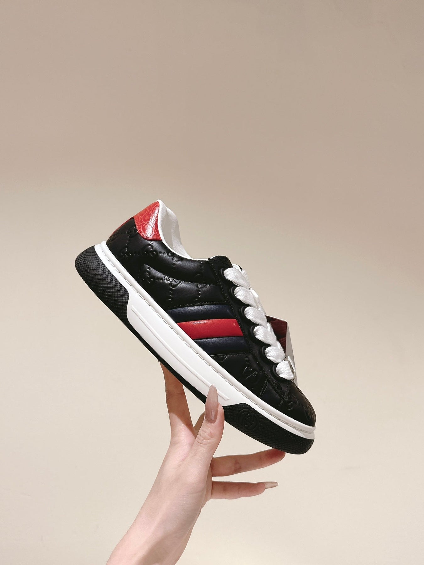 GG ACE SNEAKER WITH WEB IN BLACK EMBOSSED CALFSKIN