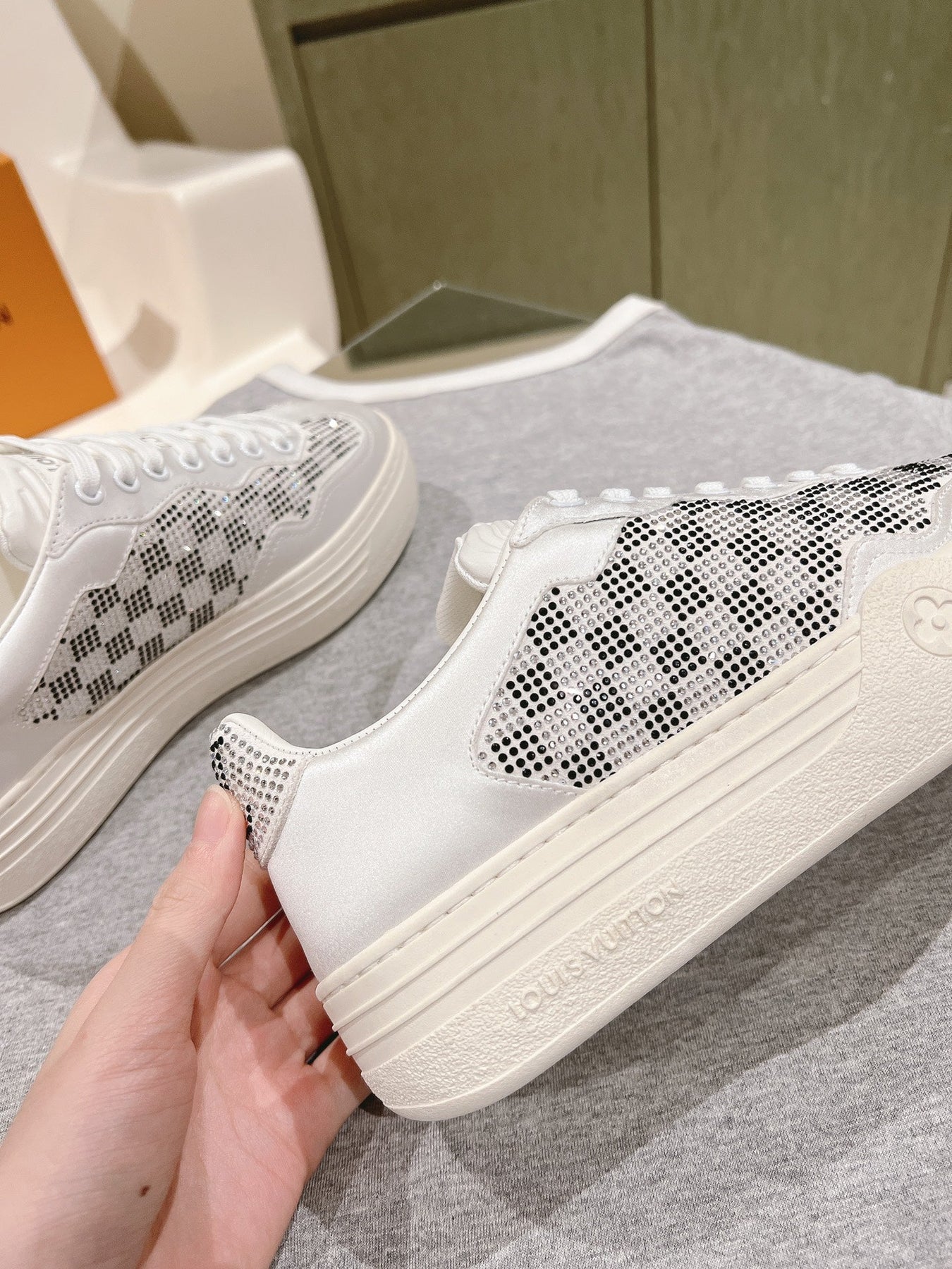 LV GROOVY SNEAKER IN WHITE MIX BLACK DAMIER STRASS AND CALFSKIN