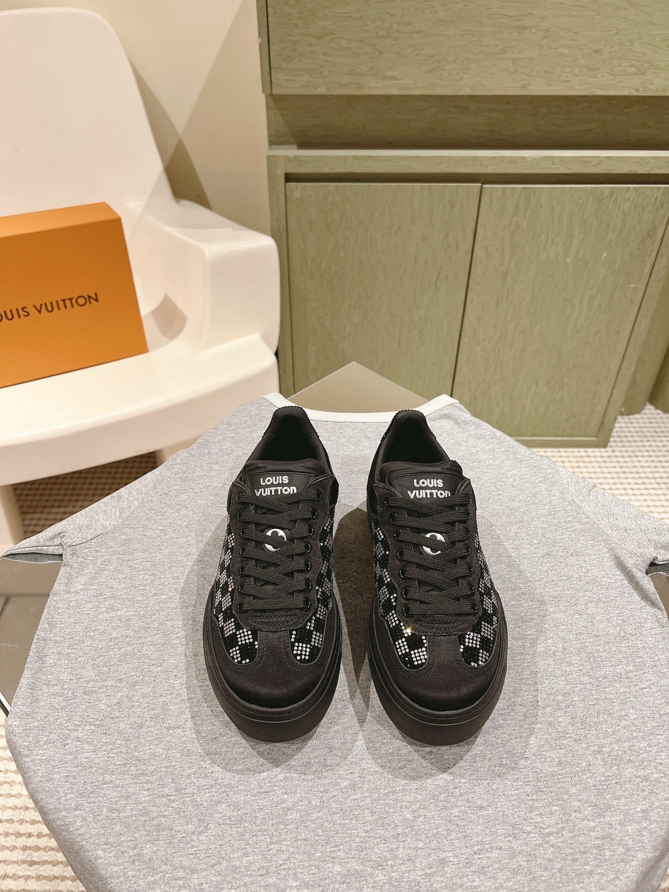 LV GROOVY SNEAKER IN BLACK DAMIER STRASS AND CALFSKIN