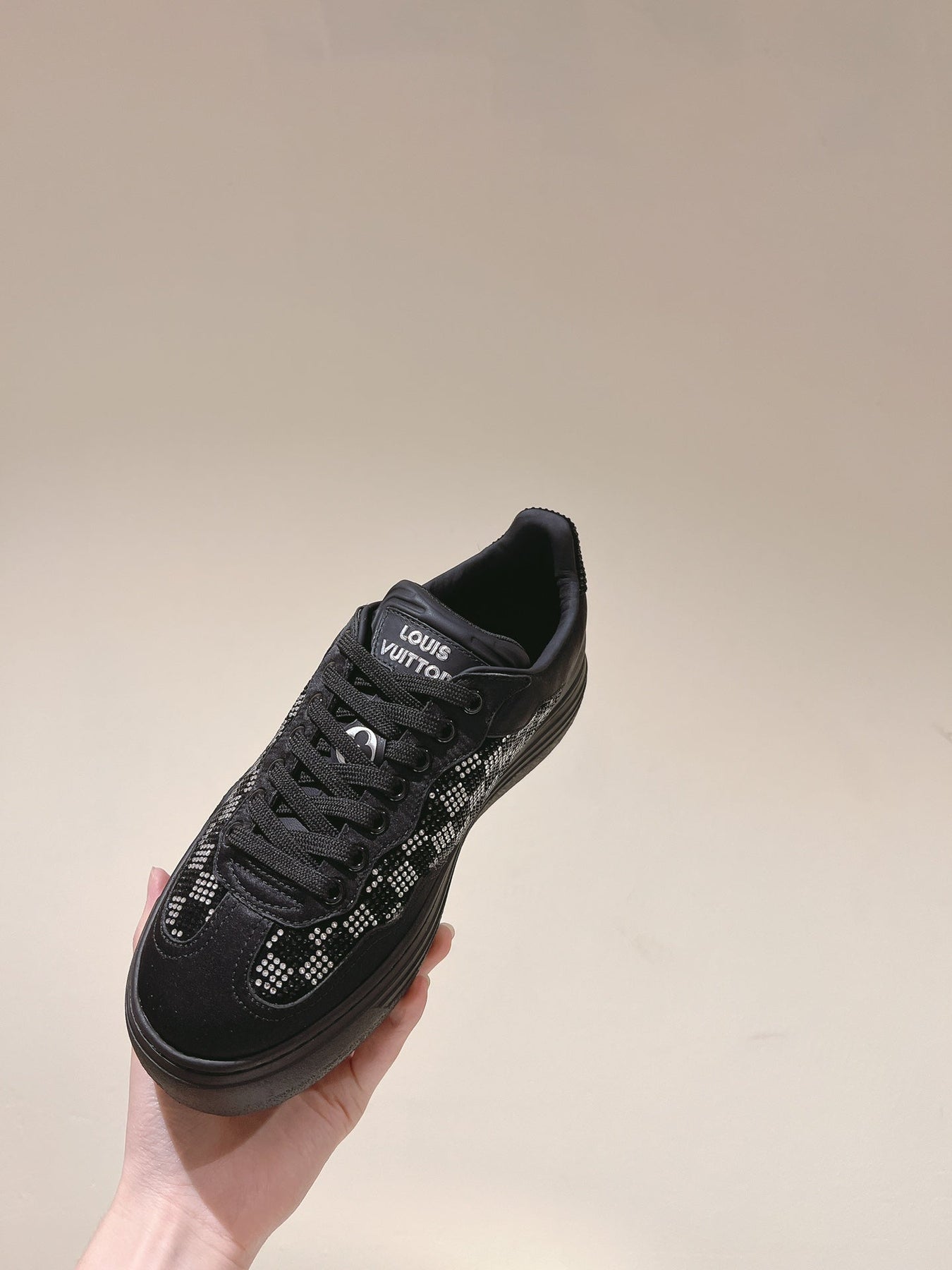 LV GROOVY SNEAKER IN BLACK DAMIER STRASS AND CALFSKIN