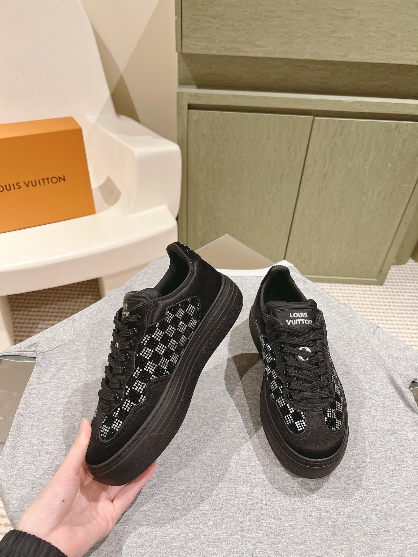 LV GROOVY SNEAKER IN BLACK DAMIER STRASS AND CALFSKIN